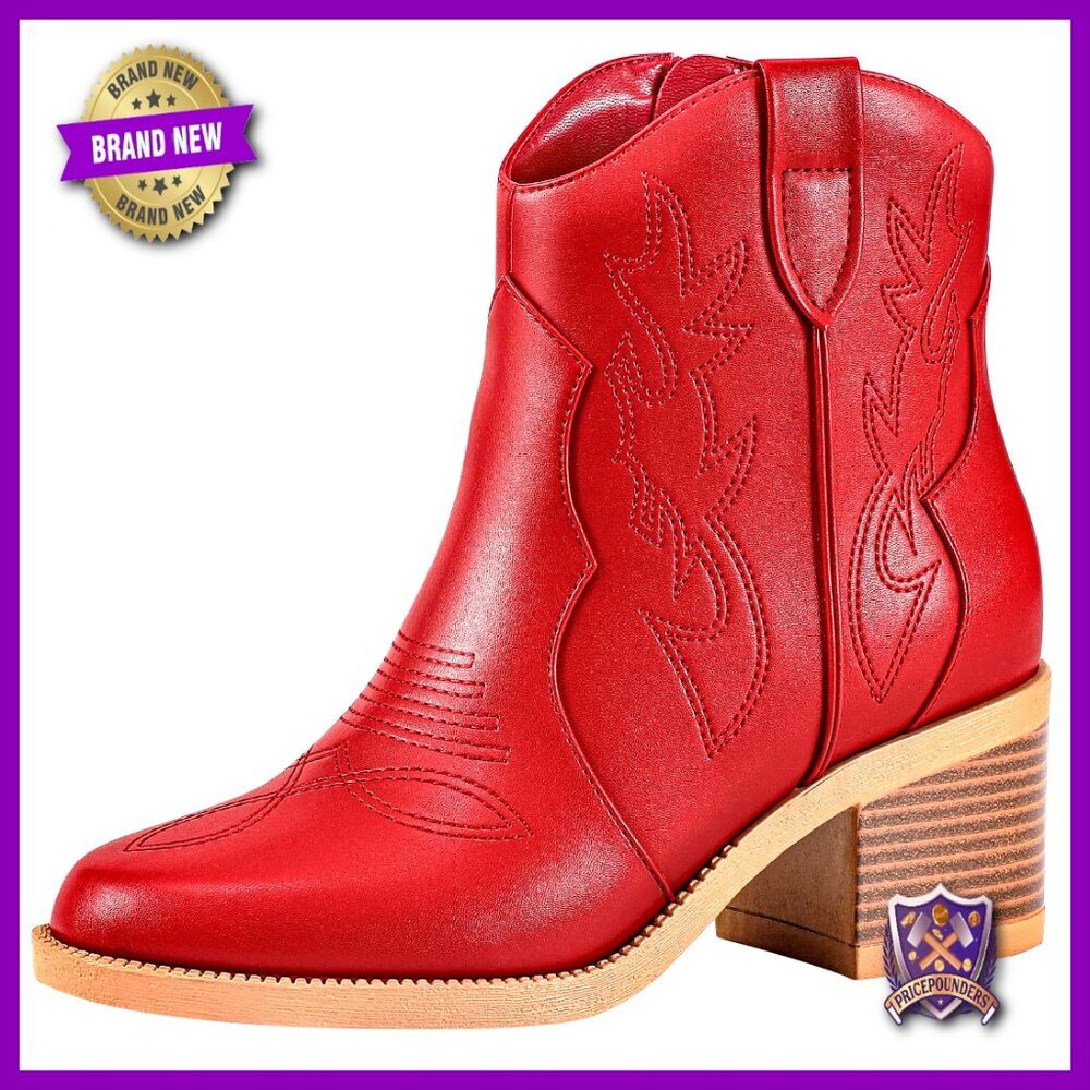 Embroidered Western Cowboy Booties Chunky Heel Retro Classic Round Toe Ankle